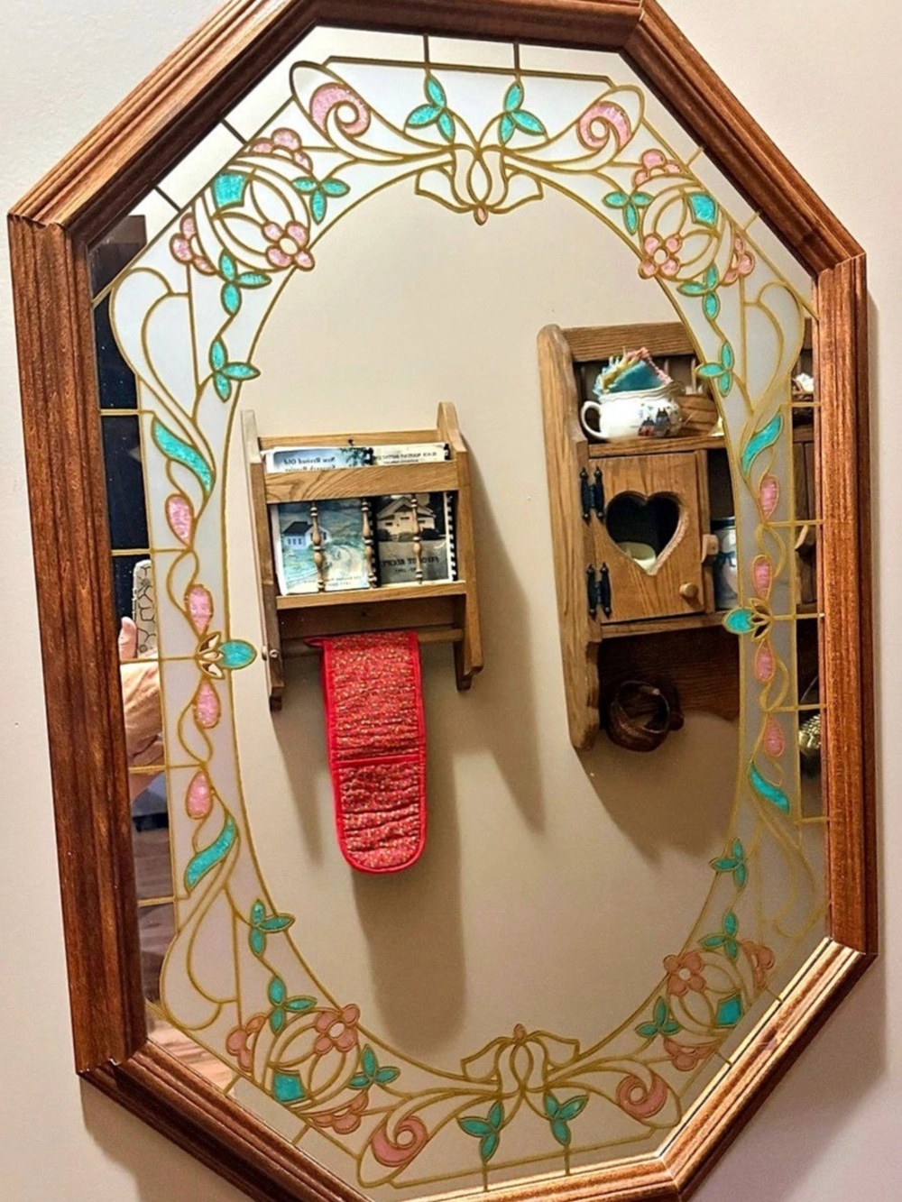 Vintage Cottage Core 80’s Faux Stained Glass Etched Mirror with Oak Frame